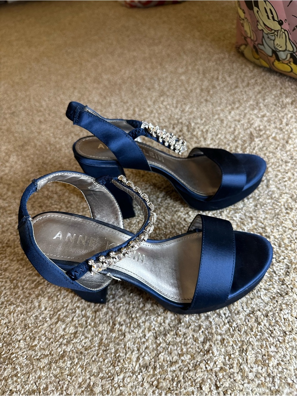 Anne Klein Navy Satin Gem-Accent Slingback Heels